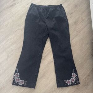 Vintage Black Denim Pants Floral Rhinestones Size 20P Y2K